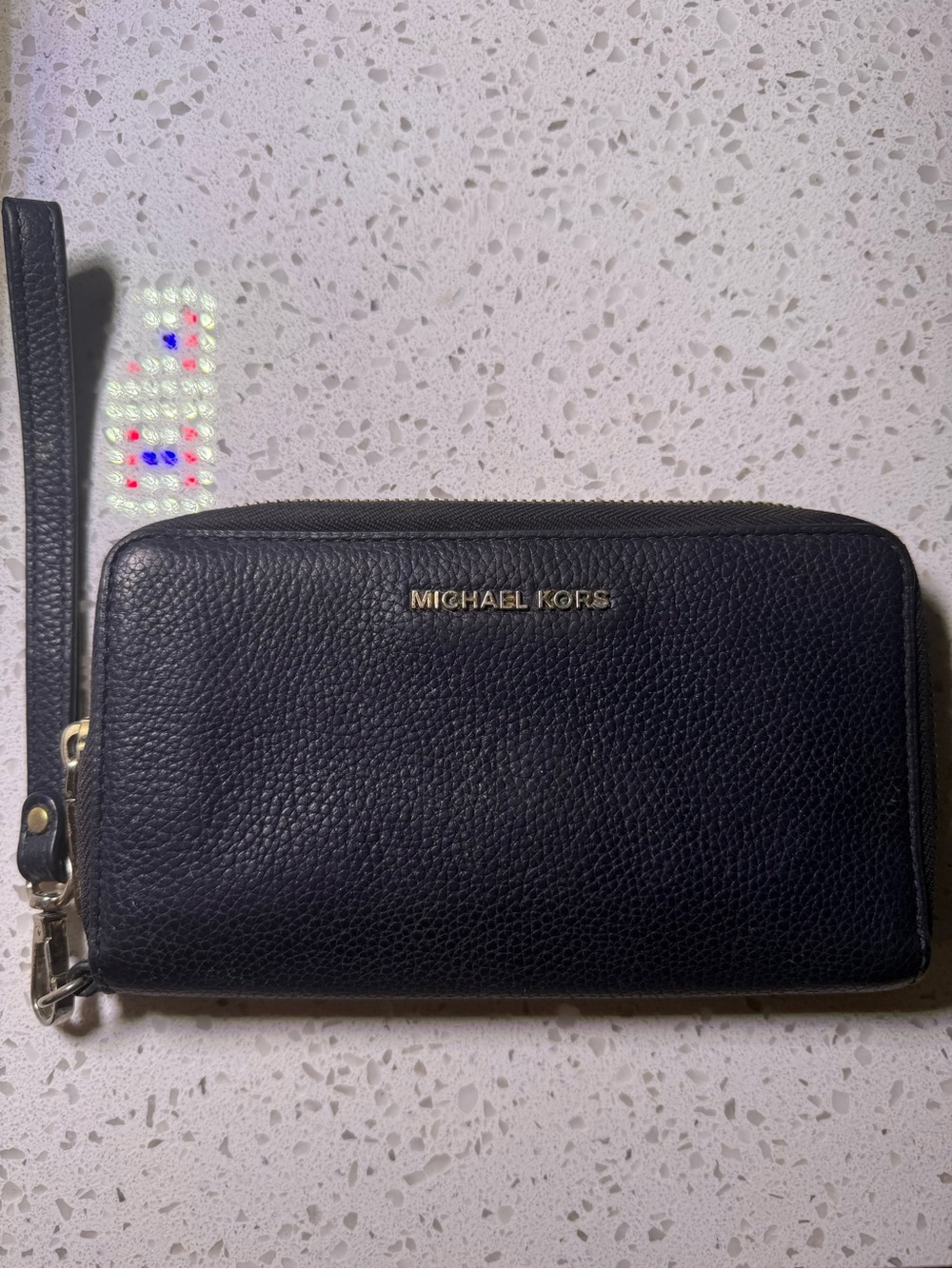 Michael Kors Navy Pebbled Leather Wristlet Wallet with Gold Logo